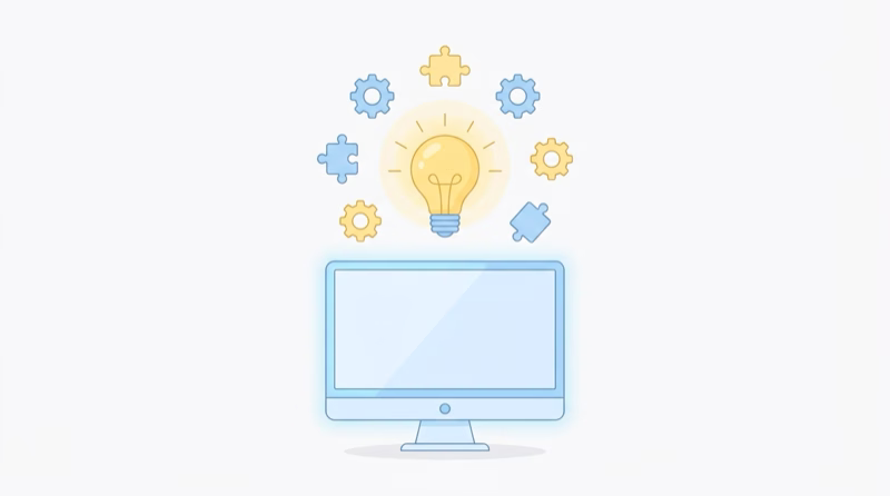 Illustration of a computer monitor with a glowing light bulb and gear and puzzle piece icons representing the components of a website project