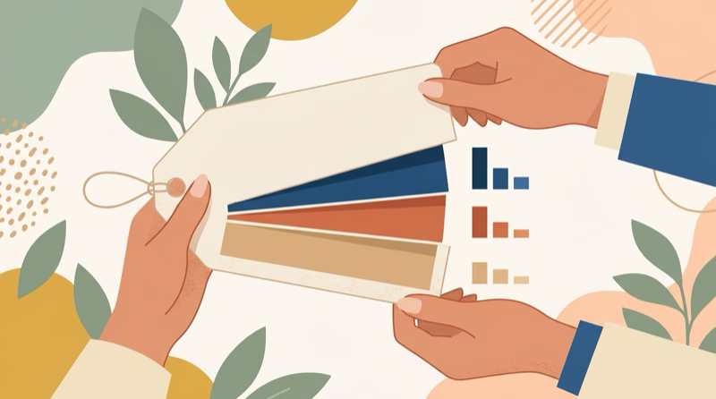 Illustration of two hands opening a price tag to reveal different coloured tiers with bar charts representing website pricing options