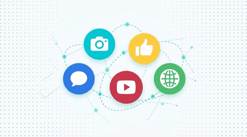 Illustration of social media platform icons including camera, thumbs up, chat bubble, video play, and globe connected by dotted lines