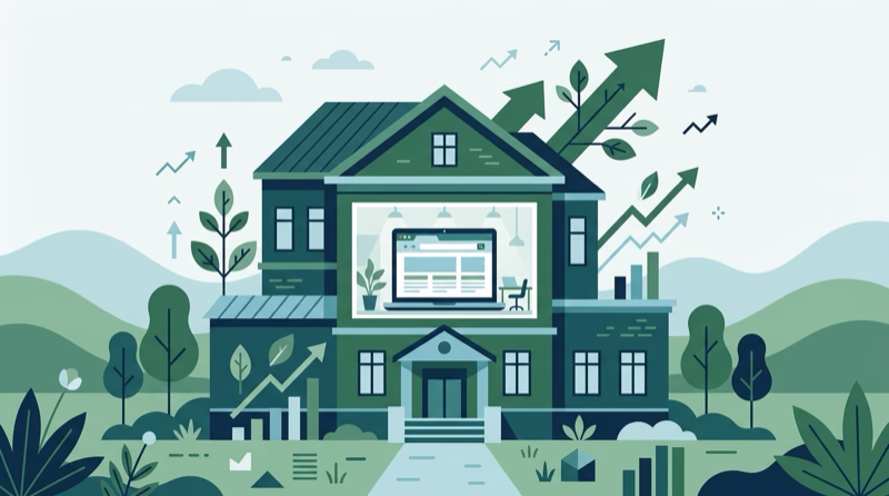 Illustration of a large building with a browser window visible inside and upward growth arrows representing a website as business infrastructure
